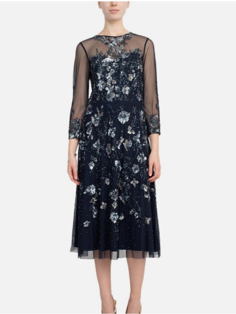 Adrianna Pappell Sheer Beaded Sequin Elegant Evening Party Dress Size 8 NWT